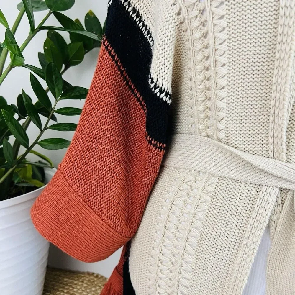 Cato XL Boho Fringe Cardigan Belted Colorblock Rust Cream Black - Picture 2 of 8